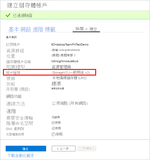 Azure 入口網站中的 HDInsight 檢閱畫面。