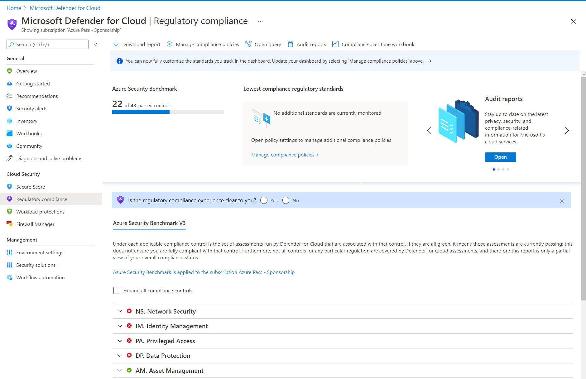 Screenshot of Microsoft Defender for Cloud showing status of regulatory compliance against Microsoft cloud security benchmark.