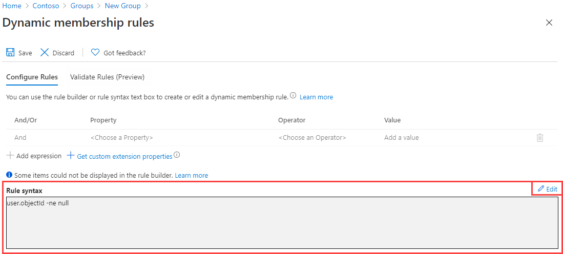 動態群組成員資格規則畫面的螢幕擷取畫面，其中已醒目提示規則語法。存在於 Microsoft Entra ID 中。