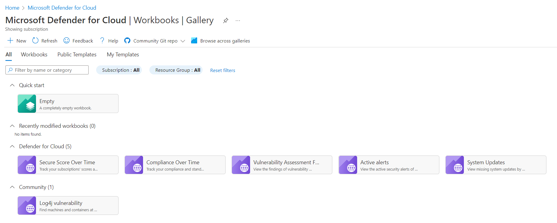 Screenshot of the Workbooks gallery in Defender for Cloud.