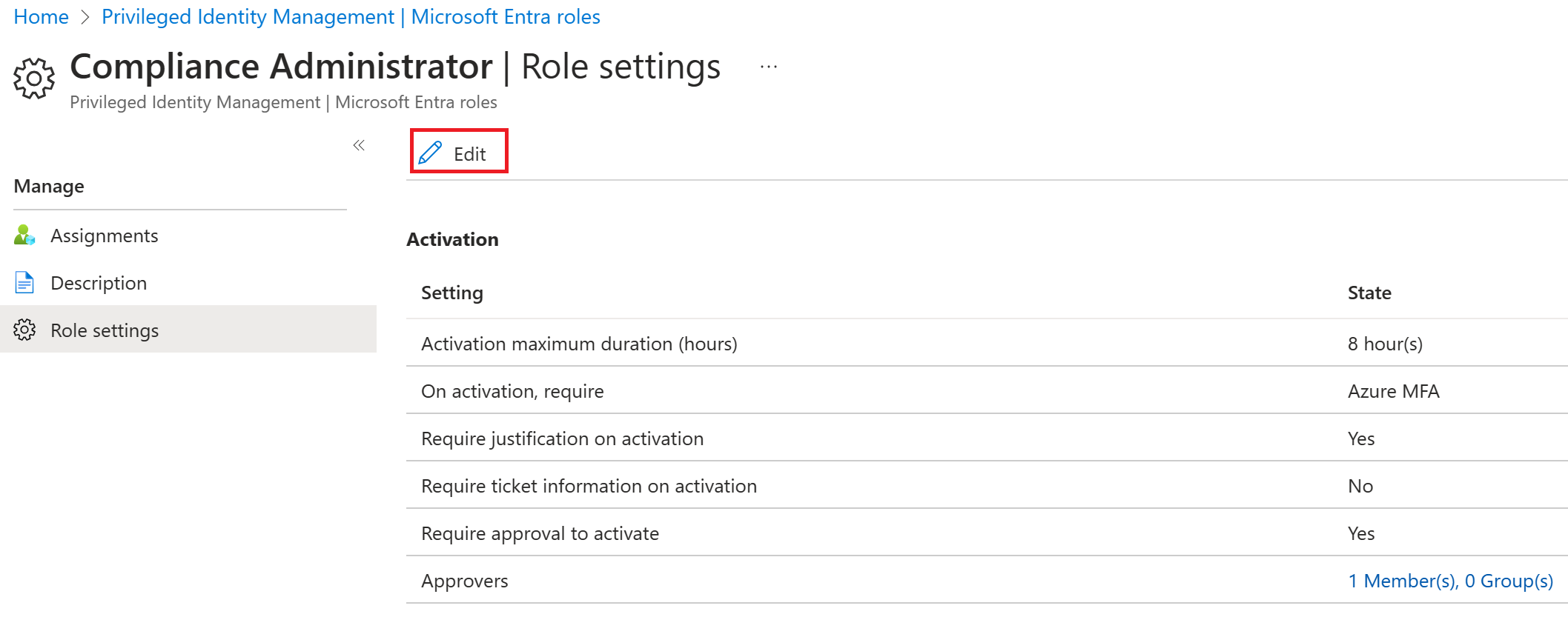 Screenshot of the top portion of the Role setting details -Compliance Administrator page with Edit highlighted.