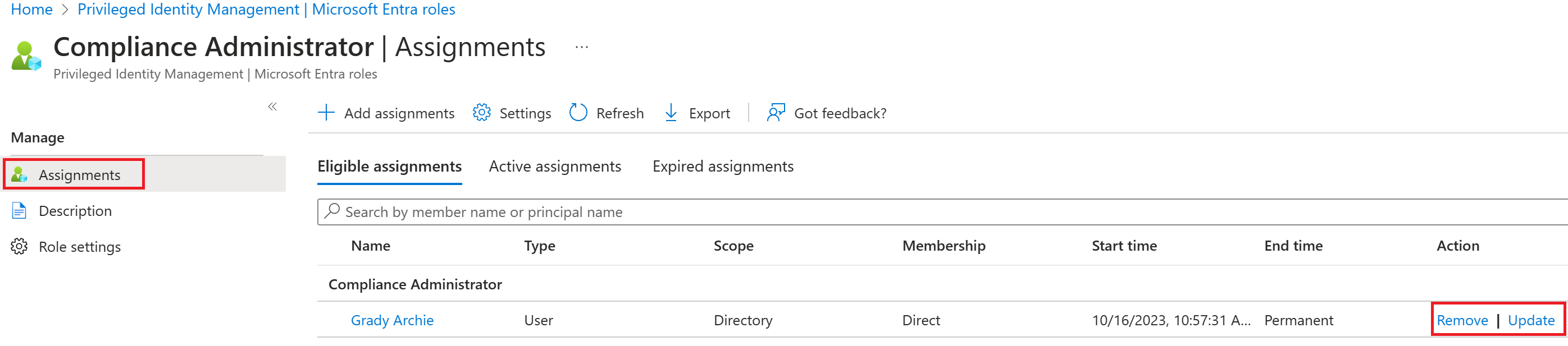 Screenshot of the options listed in the action column of the Compliance Administrator.