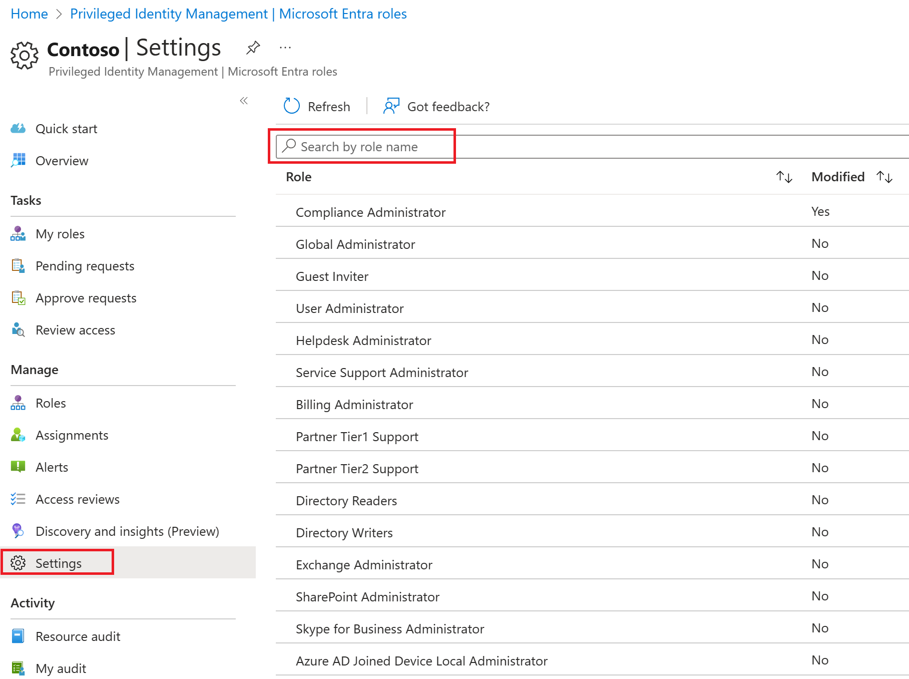 Screenshot of the Microsoft Entra roles page with the Settings menu highlighted.