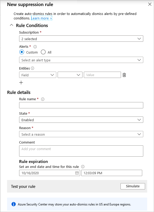 Screenshot of Defender for Cloud new alert suppression rule pane.