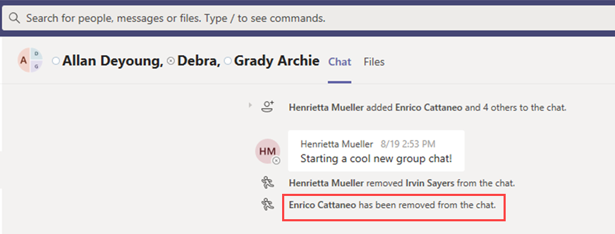Screenshot of a group chat from which Teams removed a user.
