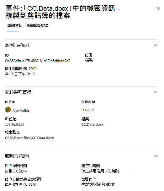 Screenshot of the D L P Alerts Management dashboard showing the Details tab for an event related to an alert.