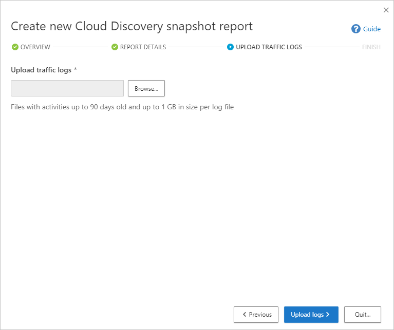 Screenshot of the Create New Cloud Discovery Snapshot Report wizard showing the Upload your traffic logs page.