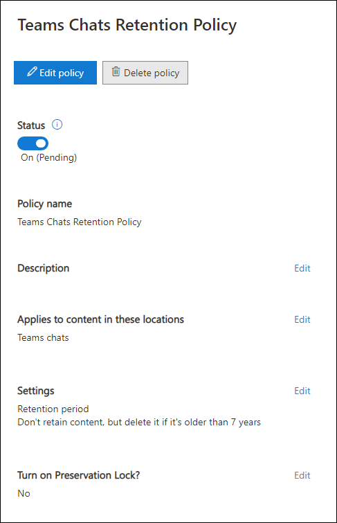 Screenshot showing the Teams chat retention policy. The status button reads pending and is turned on.
