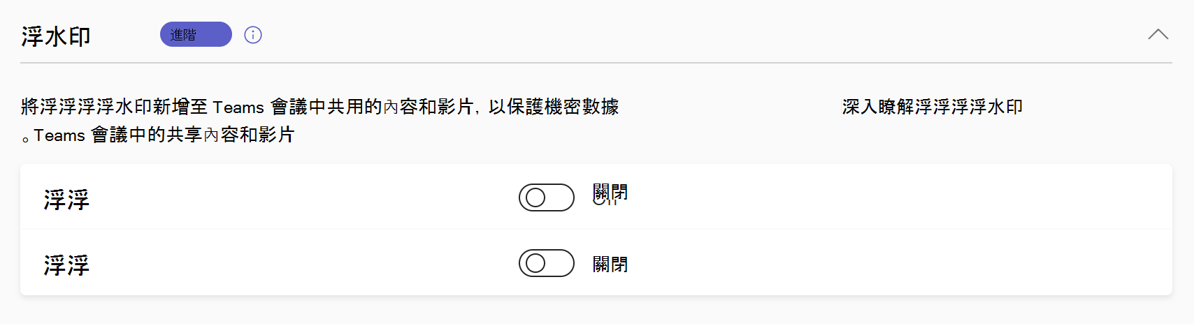 Teams 會議浮浮浮水印原則的螢幕快照。