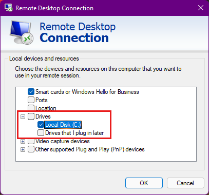 新 [遠端桌面連線] 對話框的螢幕快照，其中顯示您可以選取在遠端會話中使用的完整展開磁碟驅動器清單。