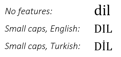 The string 'dil' with the small caps feature applied, using English and Turkish language systems: with the Turkish language system, the small cap for 'i' is dotted.