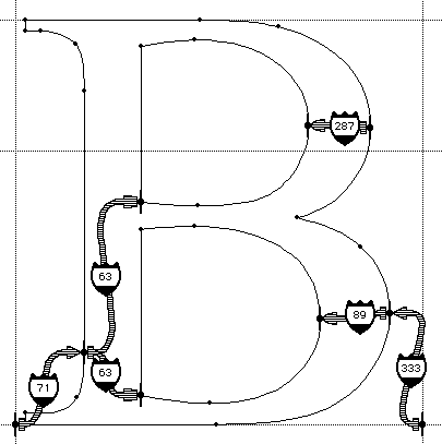 Screenshot showing an outline of capital B. Arrows with badges indicate control point links that have associated CVTs.