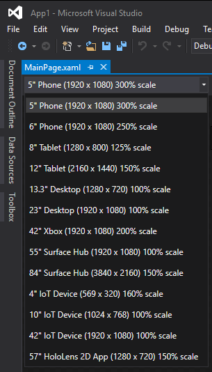 Visual Studio 2015 裝置預覽工具列