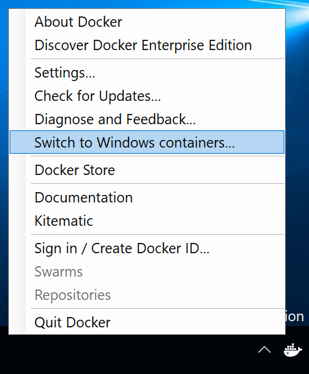 Docker 系統匣功能表，其中顯示 [切換至 Windows 容器] 命令