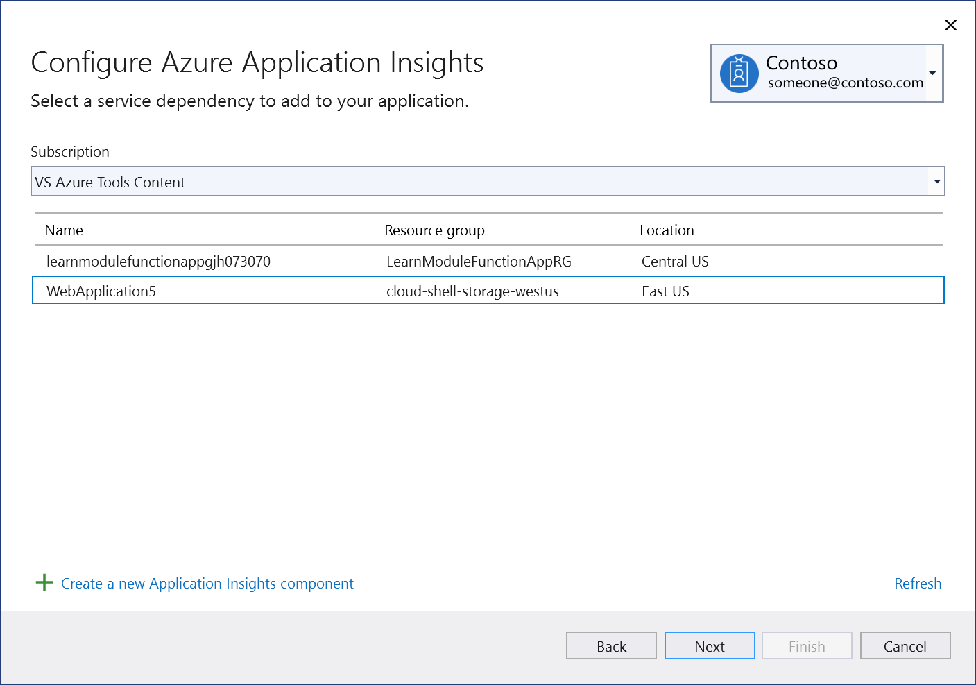 顯示「連接到現有的 Application Insights 元件」畫面的螢幕擷取畫面。