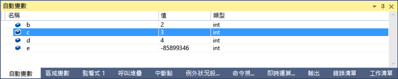 [自動視窗] 的螢幕快照，其中反白顯示的行是 int c，其值為 3。