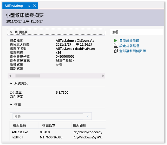 顯示小型傾印摘要頁面的螢幕擷取畫面。