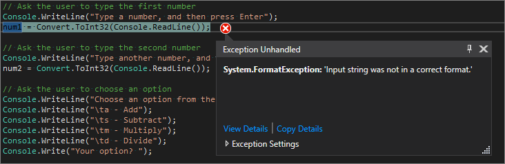 Screenshot showing an unhandled format error in the Visual Studio code editor.