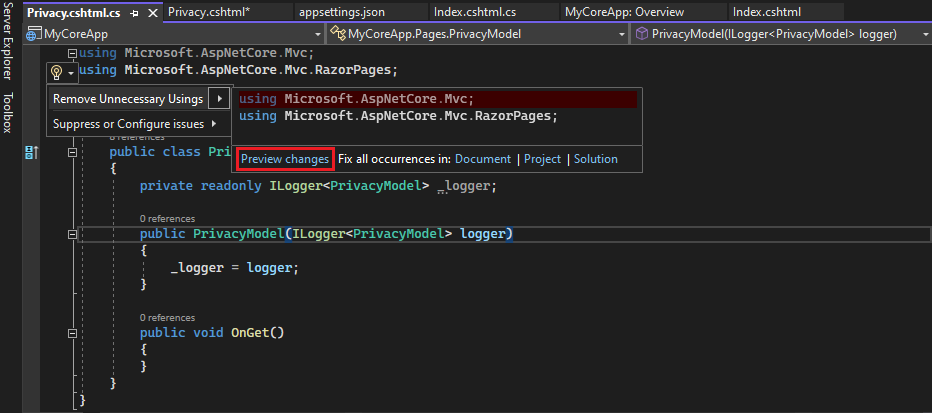 Screenshot shows the Privacy.cshtml file in the Visual Studio Code editor with the Quick Actions tooltip open and Preview changes highlighted.