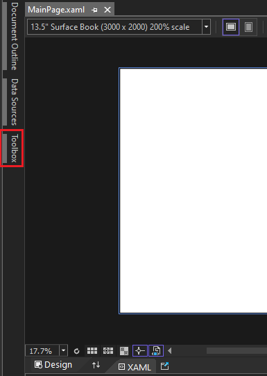 螢幕快照，顯示 XAML 設計工具窗格左側突顯顯示的 [工具箱] 快顯視窗索引標籤。