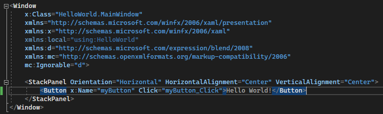 螢幕快照，其中顯示 XAML 編輯器中按鈕的 XAML 程式代碼。Content 屬性的值已變更為 『Hello World！』。