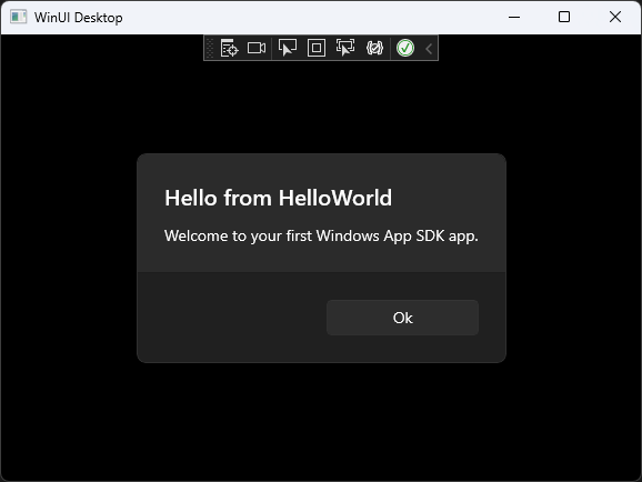 顯示執行中 『Hello World』 應用程式的螢幕快照，其中顯示標題為 『Hello from HelloWorld』 的快顯。