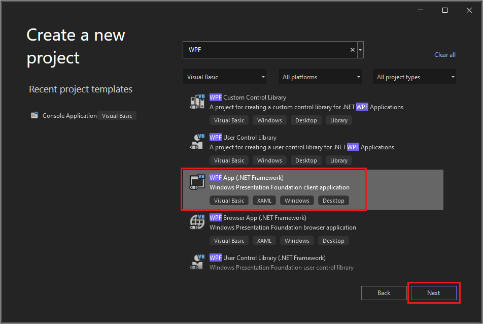 Screenshot of the Create a new project dialog with W P F entered in the search box and the W P F App (.NET Framework) project template selected.