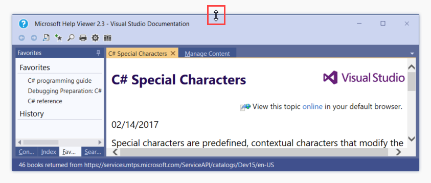 Screenshot of Help Viewer. The pointer, which contains an up arrow and a down arrow, is visible on the top edge of the window and is called out.