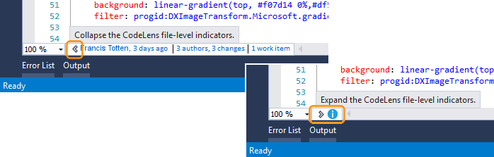 Visual Studio 2019 中開啟和關閉檔案層級指標的螢幕快照。