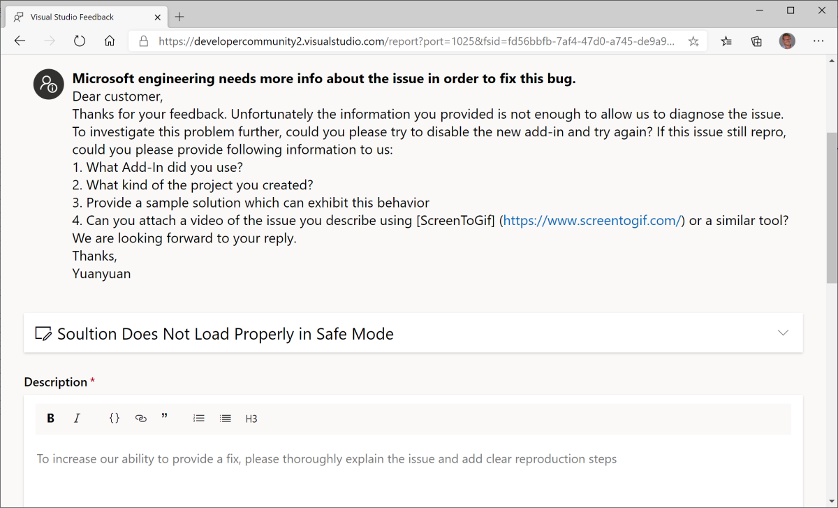 Visual Studio 意見反應視窗的的螢幕擷取畫面，其中顯示 Microsoft 為解決問題所要求的資訊。