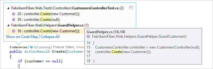 Visual Studio 2019 程式代碼編輯器中 CodeLens 指標的螢幕快照。