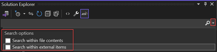 Visual Studio 方案總管搜尋列和搜尋選項的螢幕擷取畫面。