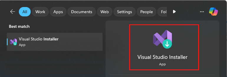 顯示 Visual Studio 安裝程式 [開始] 選單搜尋結果的螢幕快照。