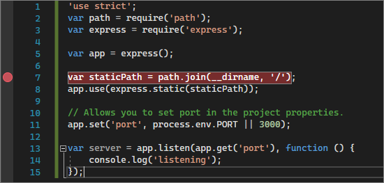 Screenshot showing a breakpoint set for the staticPath declaration in server dot j s.