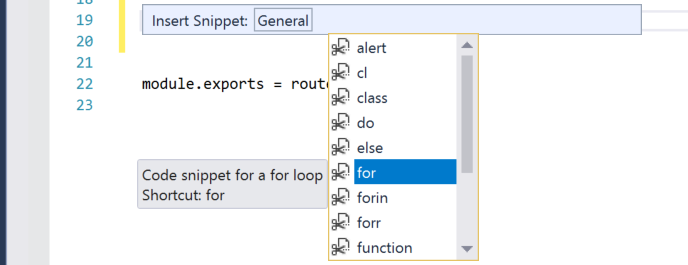 Visual Studio 中 for 迴圈的程式碼段