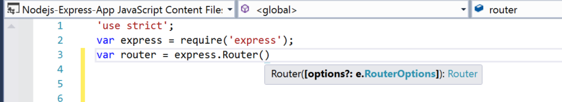 Visual Studio 程式代碼視窗的螢幕快照，其中已輸入 JavaScript 程式代碼。Router（） 函式會顯示 IntelliSense 資訊。