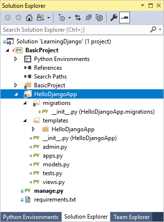 Django app files in Solution Explorer.