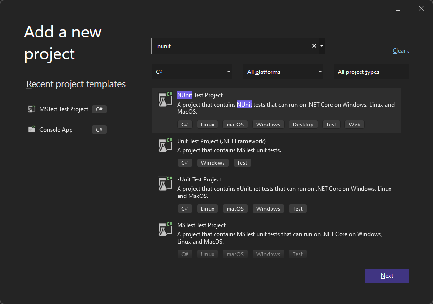 NUnit test project template in Visual Studio 2022