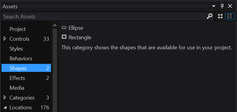 Screenshot of the Shapes category of the Assets window in Blend for Visual Studio