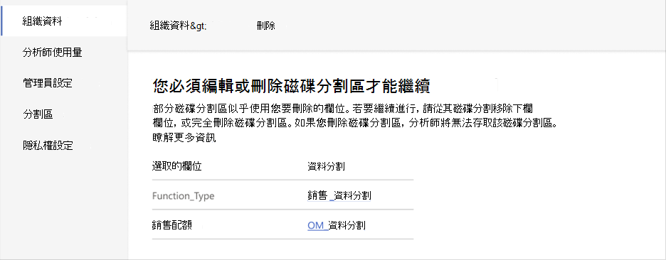 使用您想要刪除之欄位的數據分割錯誤螢幕快照。它包含顯示 [選取的欄位] 和 [資料分割] 資料行的數據表。