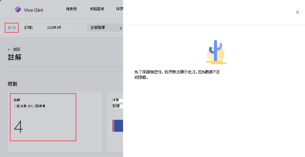 篩選至特定主題時數據訊息不足的批注報表螢幕快照。