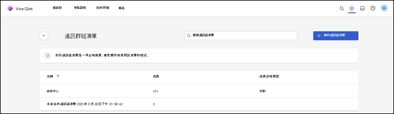 [通訊組清單] 視窗的螢幕快照。