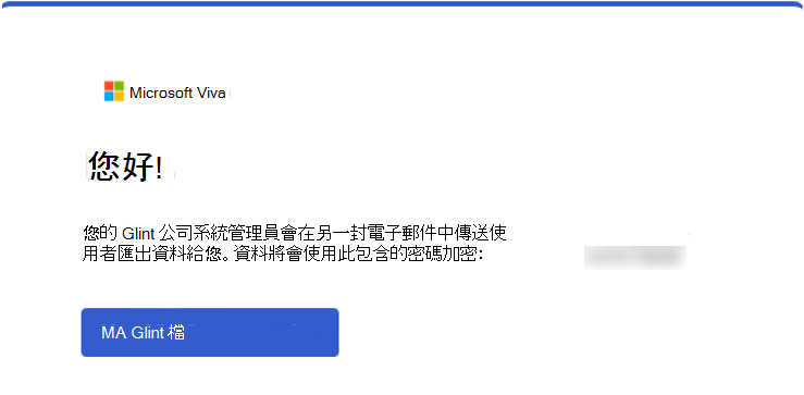 使用者從 Glint 匯出數據之後收到的電子郵件螢幕快照，包括用來存取其壓縮、加密檔案的密碼。