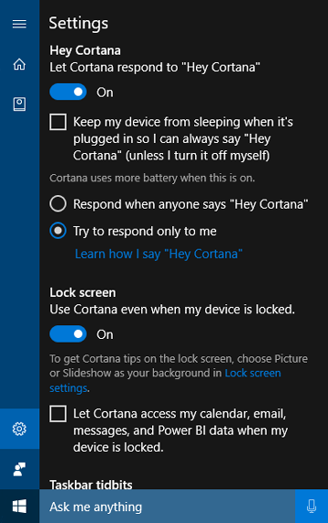 硬體關鍵詞 Spotter 和喚醒語音功能的 Cortana 桌面設定螢幕快照。