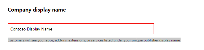 硬體開發人員計劃註冊程式中 [公司顯示名稱] 文本框的螢幕快照。文字框具有值 'Contoso Display Name' 