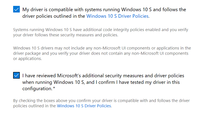 提交 Windows 10 S 驅動程式時，您必須選取的兩個複選框螢幕快照。