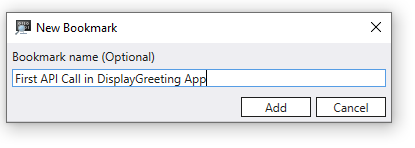 Screenshot of new bookmark dialog with example name for first API call in Display Greeting app.