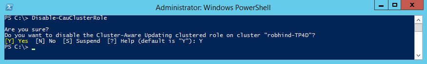 顯示 Disable-CauClusterRole Cmdlet 輸出的螢幕快照