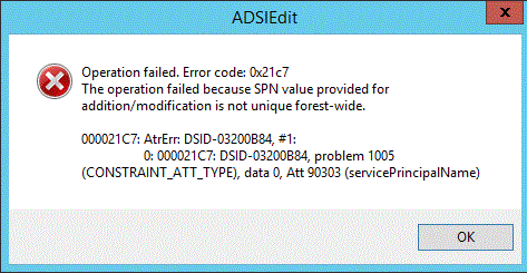 此螢幕擷取畫面顯示當新增重複 SPN 受阻時 ADSIEdit 中顯示的錯誤訊息。