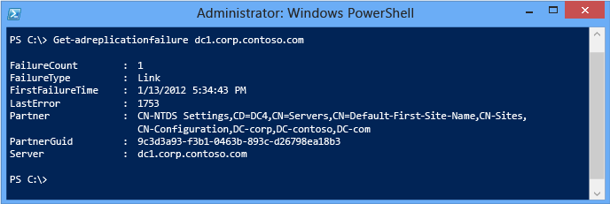 此螢幕快照顯示如何傳回域控制器最近的失敗，以及他無法連絡的合作夥伴。